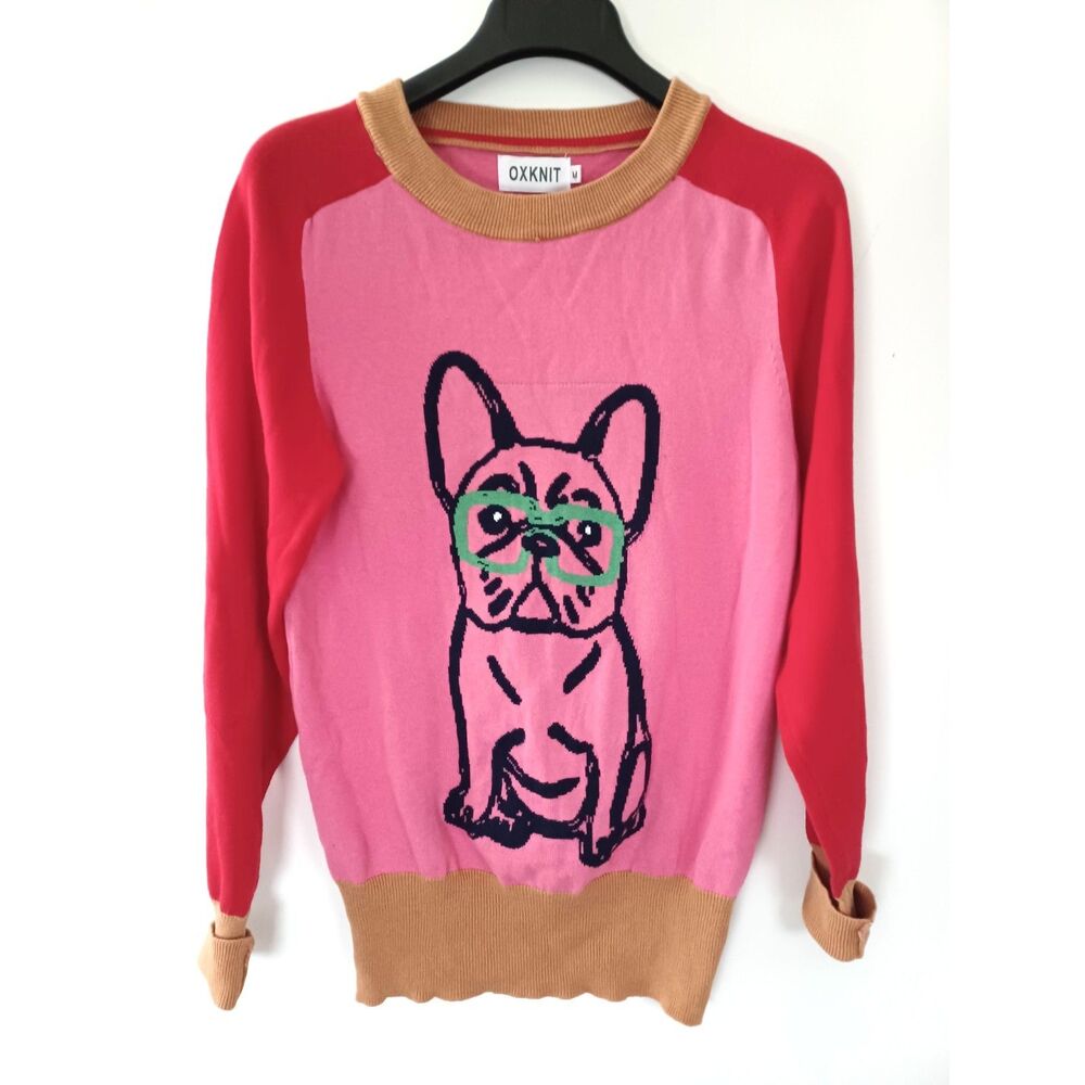 OXKnit Sweater Graphic French Bulldog Medium Retro Twee Kidcore Color Block - Picture 2 of 6